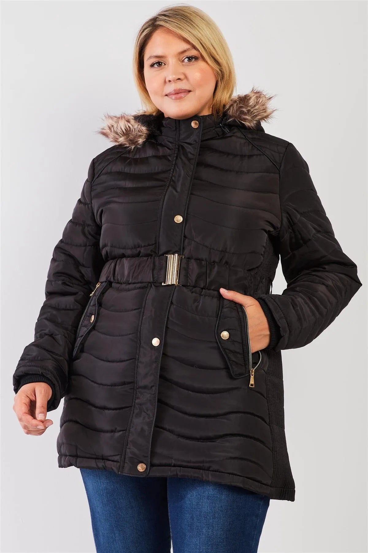 Junior Plus Black Wavy Quilt Padded Faux Fur Detachable Hood Belted Long Puffer Jacket /1-1-1-1 - Tasha Apparel Wholesale