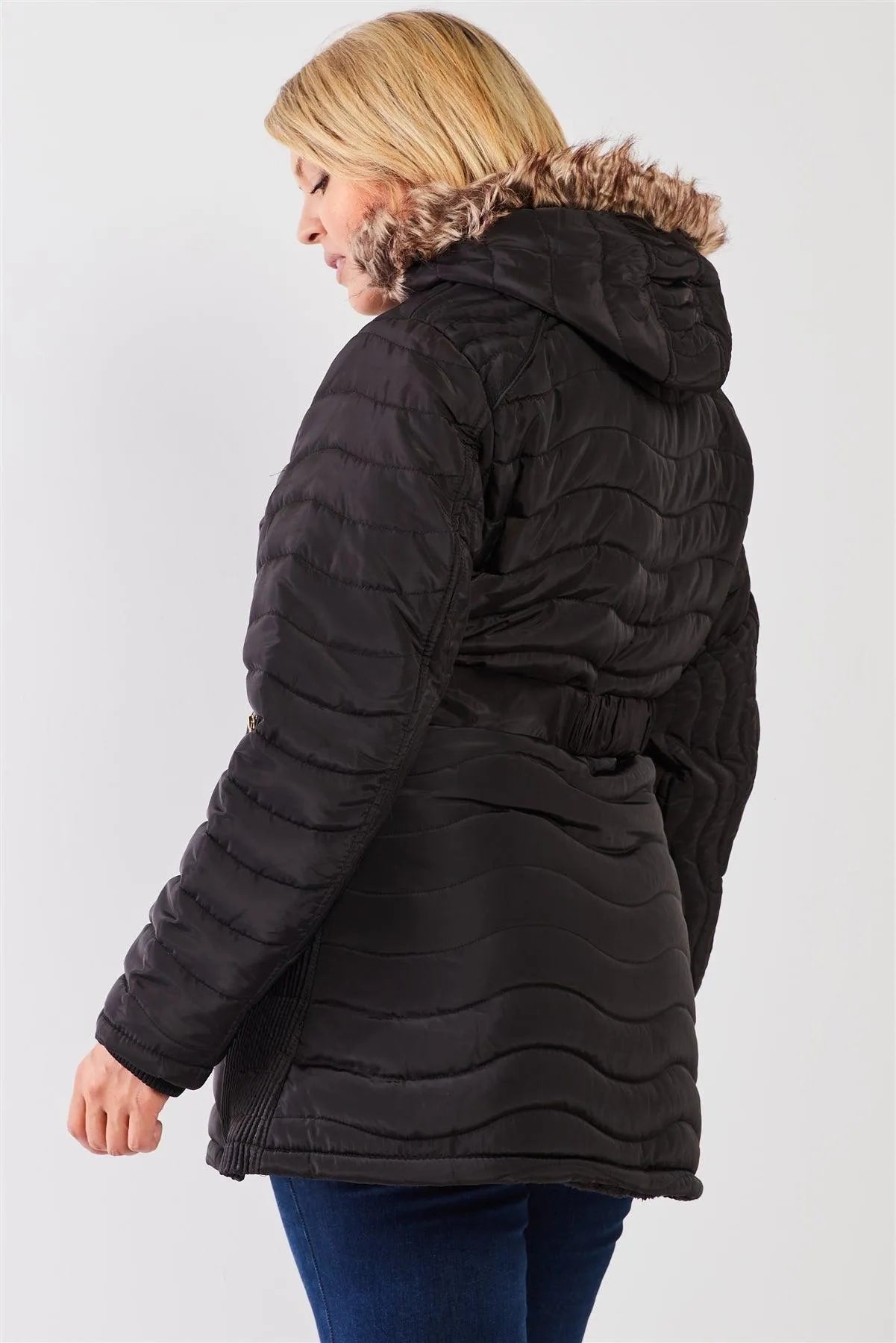 Junior Plus Black Wavy Quilt Padded Faux Fur Detachable Hood Belted Long Puffer Jacket /1-1-1-1 - Tasha Apparel Wholesale