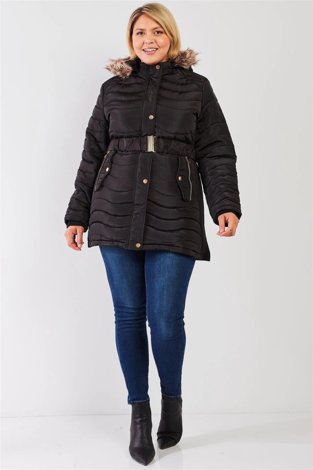 Junior Plus Black Wavy Quilt Padded Faux Fur Detachable Hood Belted Long Puffer Jacket /1-1-1-1 - Tasha Apparel Wholesale