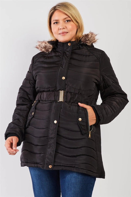 Junior Plus Black Wavy Quilt Padded Faux Fur Detachable Hood Belted Long Puffer Jacket /2-1-2-1 - Tasha Apparel Wholesale