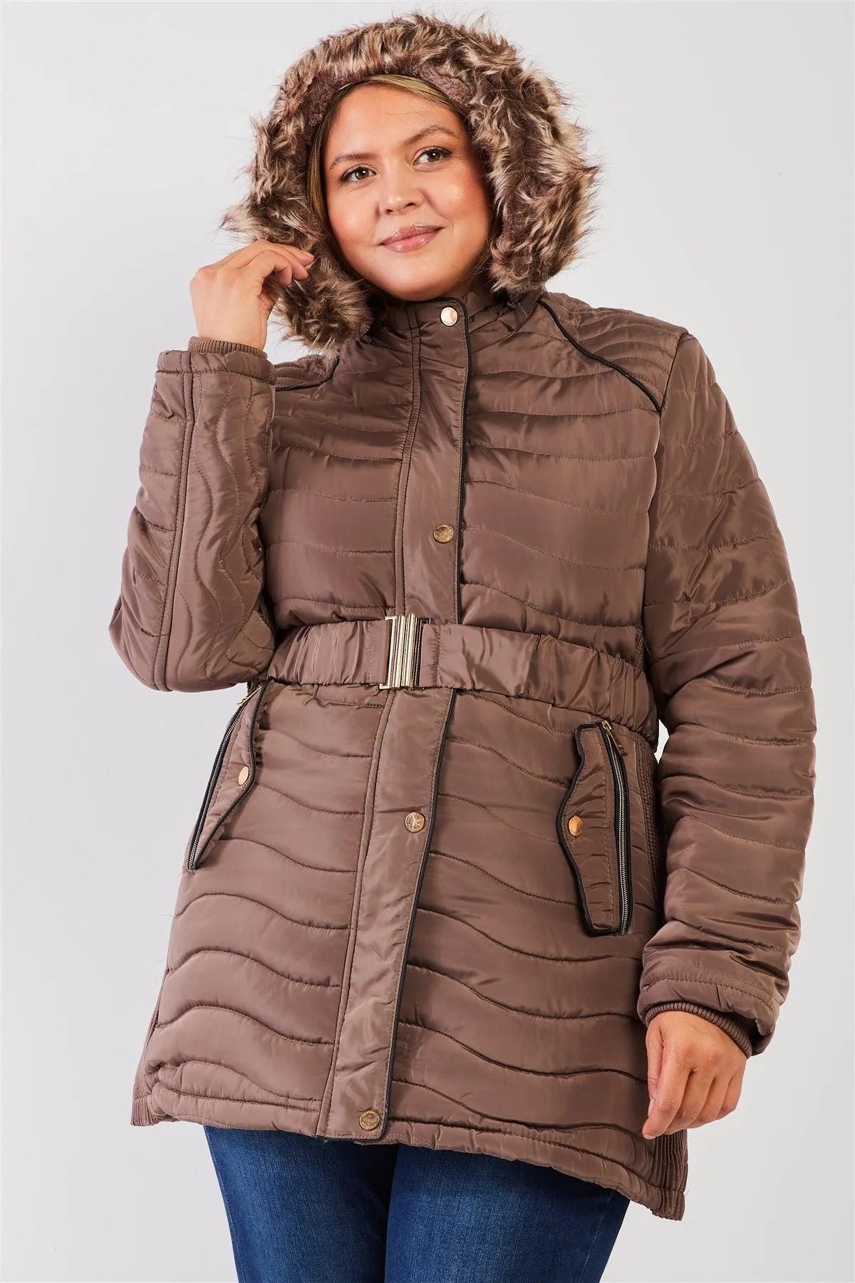 Junior Plus Brown Wavy Quilt Padded Faux Fur Detachable Hood Belted Long Puffer Jacket - Tasha Apparel Wholesale