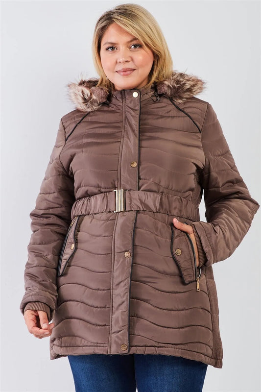 Junior Plus Brown Wavy Quilt Padded Faux Fur Detachable Hood Belted Long Puffer Jacket /1-1-1-1 - Tasha Apparel Wholesale