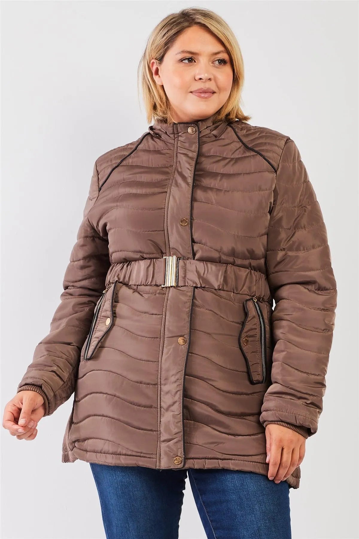 Junior Plus Brown Wavy Quilt Padded Faux Fur Detachable Hood Belted Long Puffer Jacket /2-2-1 - Tasha Apparel Wholesale