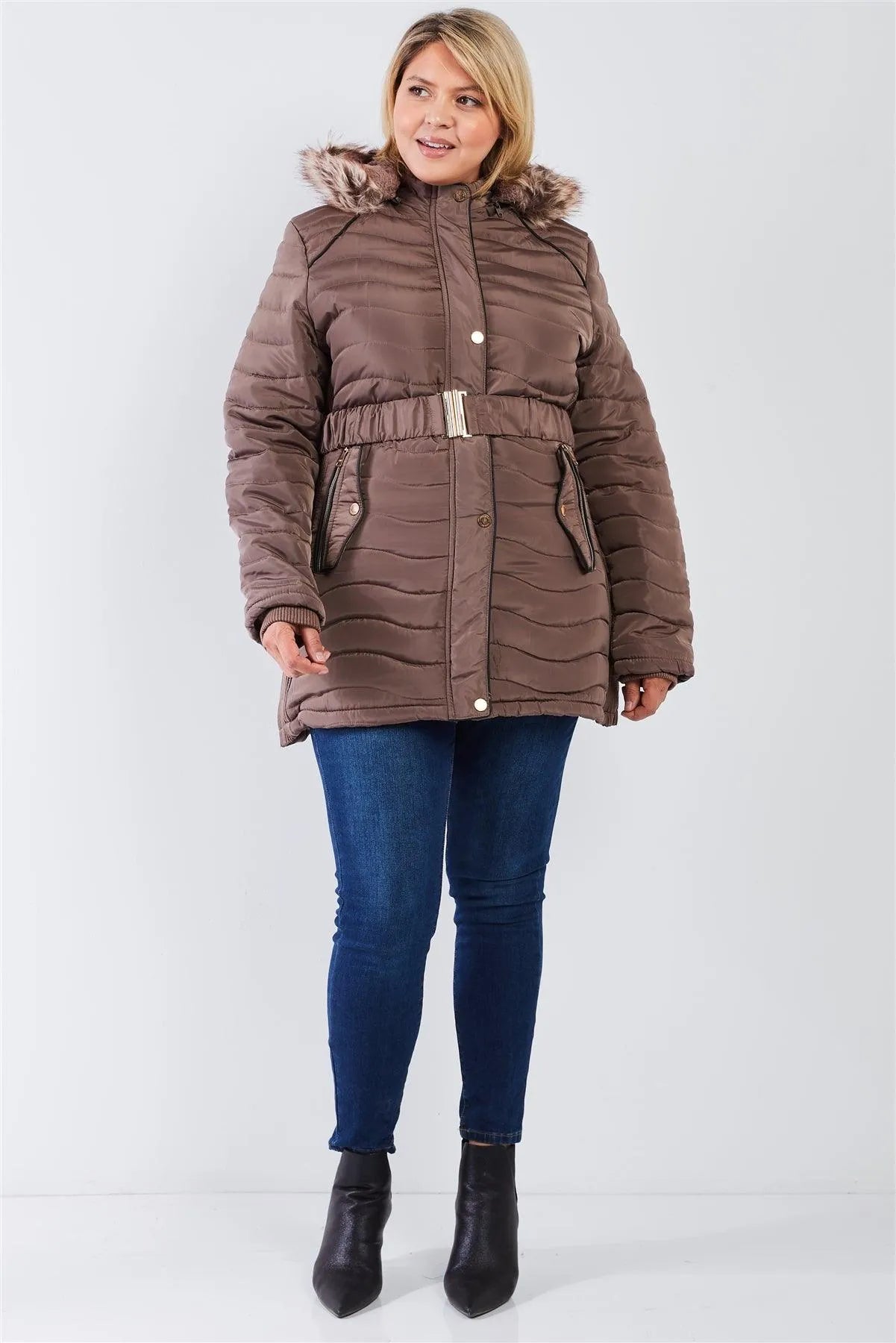 Junior Plus Brown Wavy Quilt Padded Faux Fur Detachable Hood Belted Long Puffer Jacket /2-2-1 - Tasha Apparel Wholesale