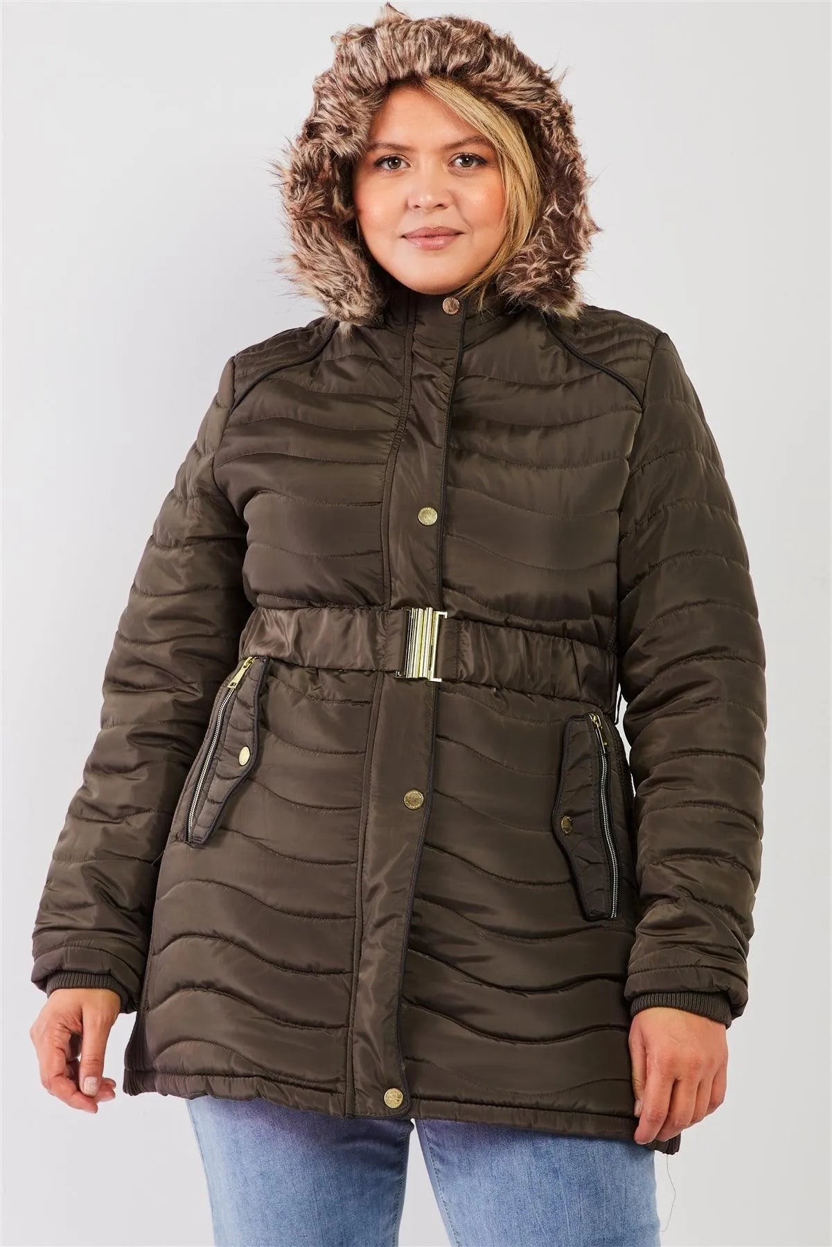 Junior Plus Olive Wavy Quilt Padded Faux Fur Detachable Hood Belted Long Puffer Jacket /2-1-1 - Tasha Apparel Wholesale
