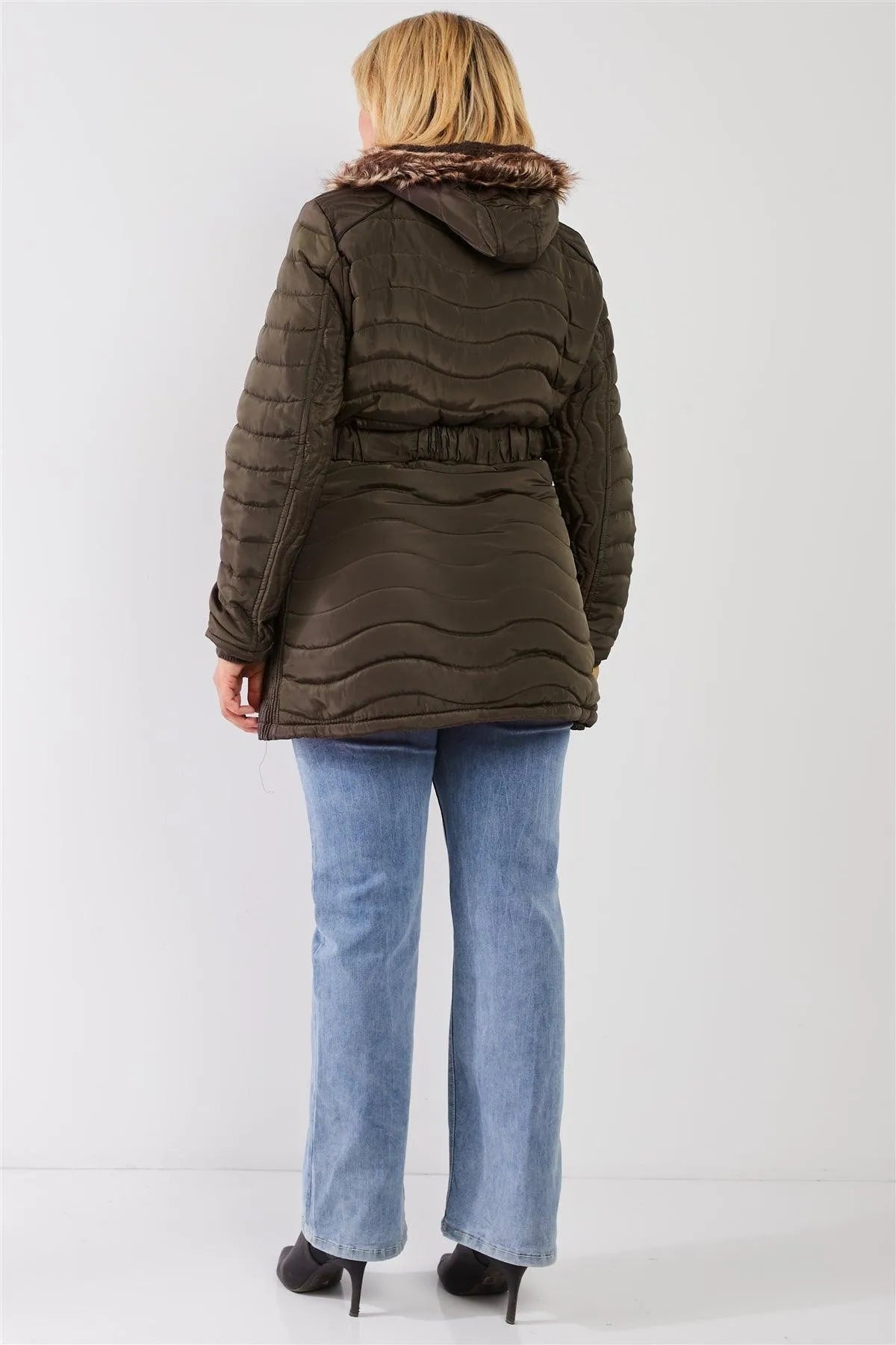 Junior Plus Olive Wavy Quilt Padded Faux Fur Detachable Hood Belted Long Puffer Jacket /2-1-1 - Tasha Apparel Wholesale