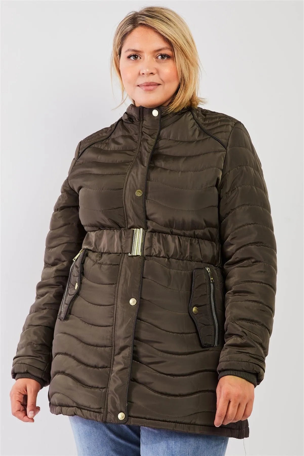 Junior Plus Olive Wavy Quilt Padded Faux Fur Detachable Hood Belted Long Puffer Jacket /1-1-1-2 - Tasha Apparel Wholesale