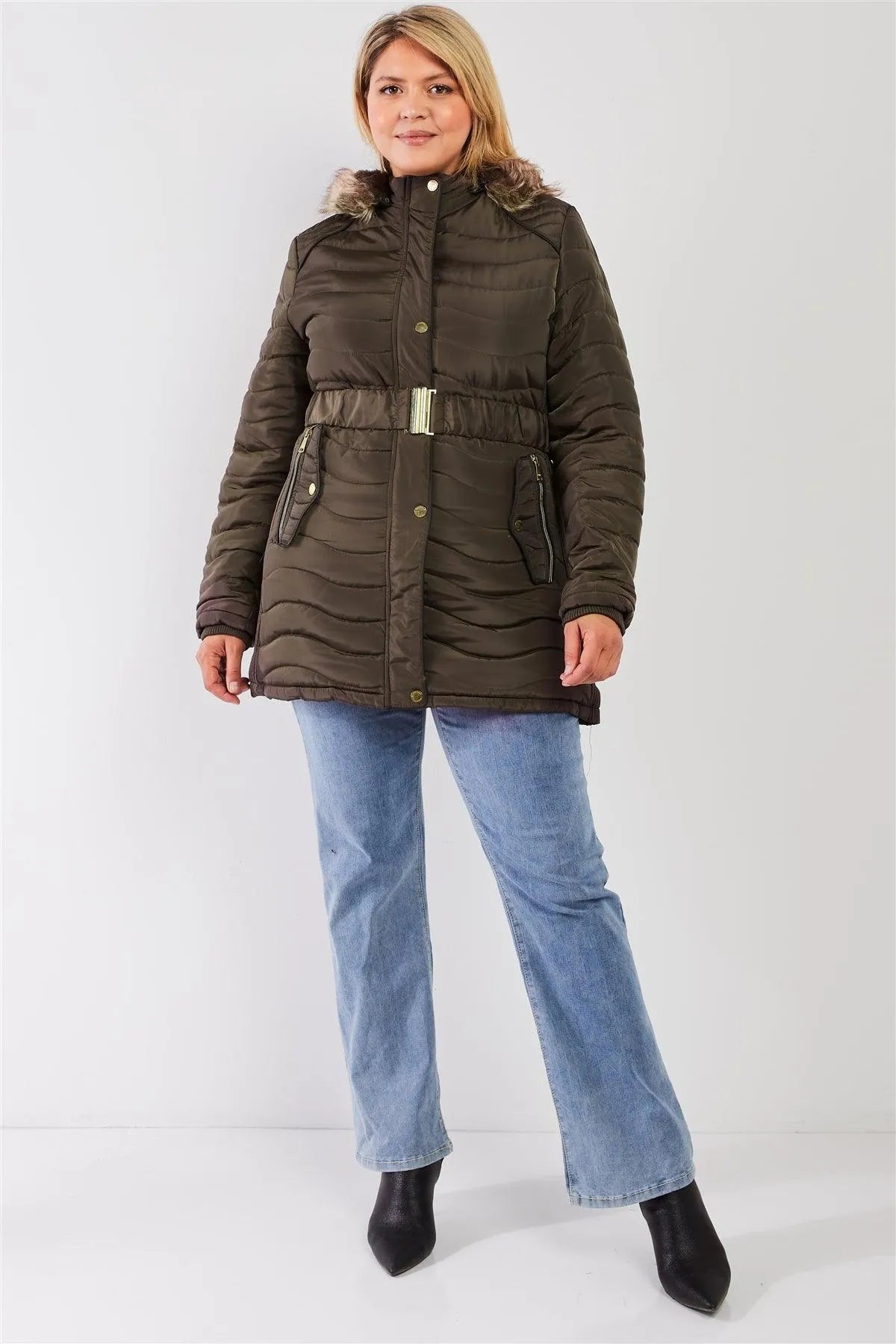 Junior Plus Olive Wavy Quilt Padded Faux Fur Detachable Hood Belted Long Puffer Jacket /1-1-1-2 - Tasha Apparel Wholesale