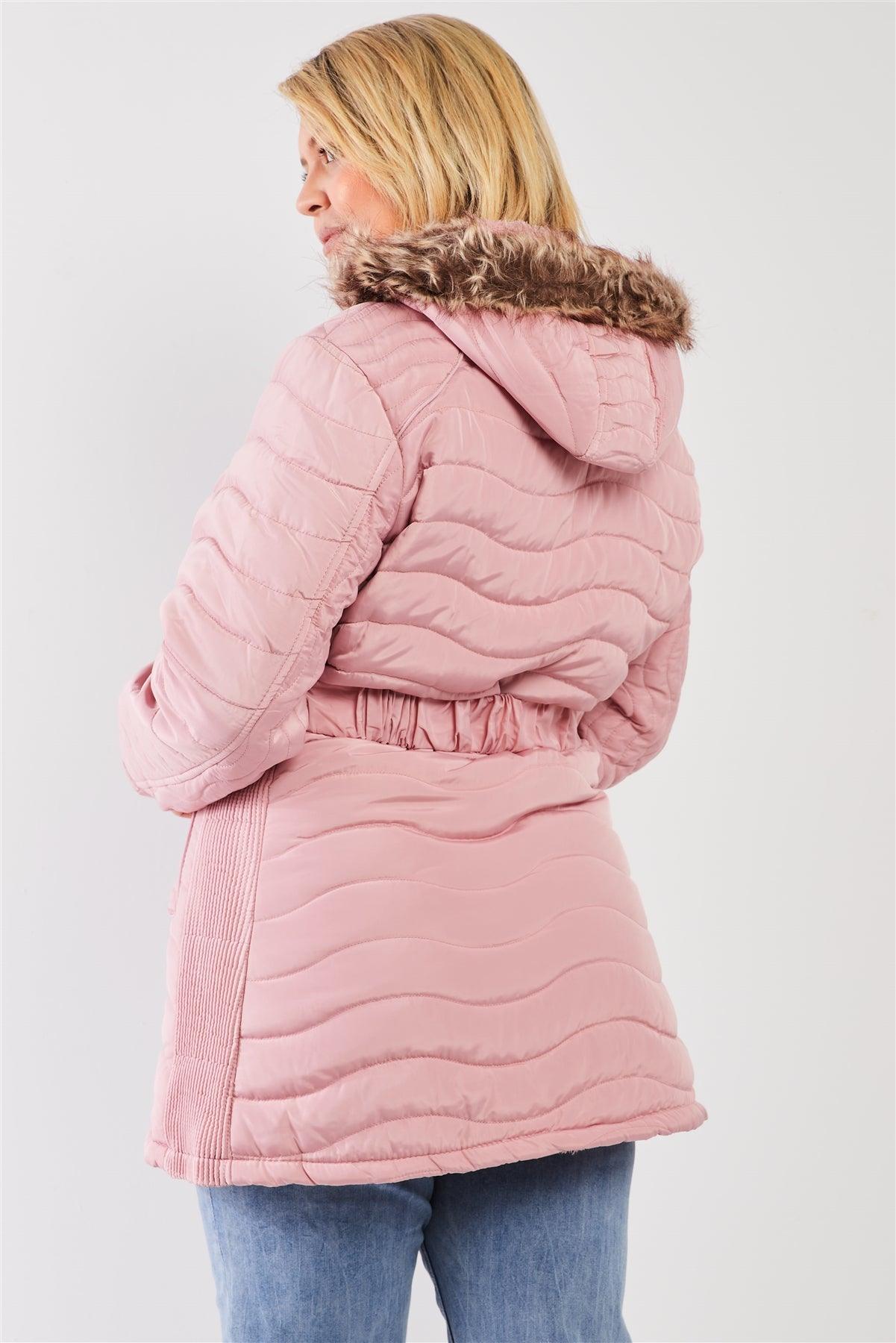 Junior Plus Pink Wavy Quilt Padded Faux Fur Detachable Hood Belted Long Puffer Jacket