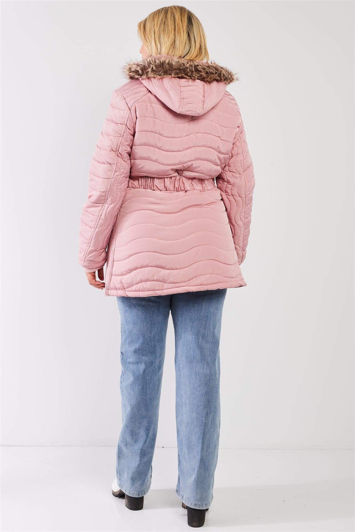 Junior Plus Pink Wavy Quilt Padded Faux Fur Detachable Hood Belted Long Puffer Jacket /1-1-1-1