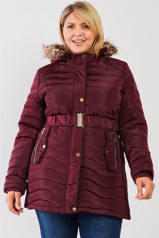 Junior Plus Wine-Burgundy Wavy Quilt Padded Faux Fur Detachable Hood Belted Long Puffer Jacket /1-1-1-1 - Tasha Apparel Wholesale