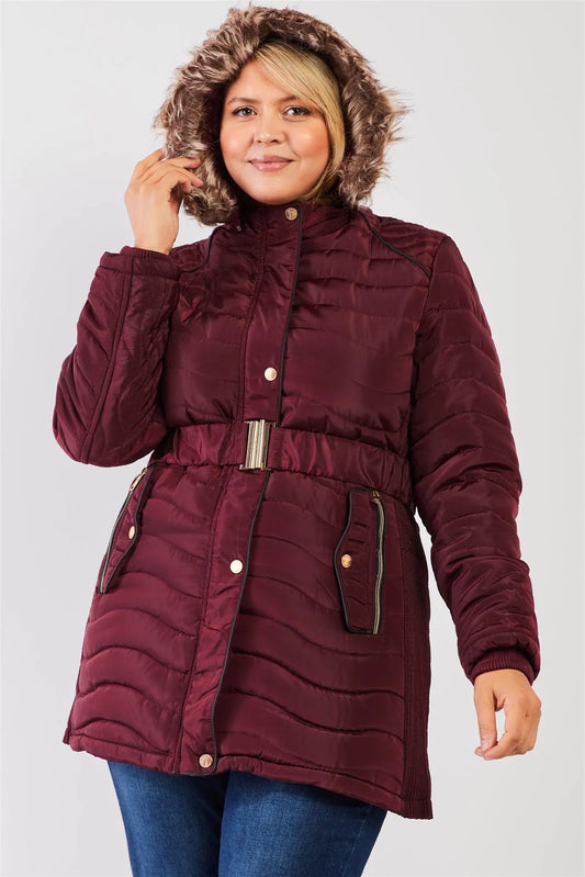 Junior Plus Wine-Burgundy Wavy Quilt Padded Faux Fur Detachable Hood Belted Long Puffer Jacket /2-1-2 - Tasha Apparel Wholesale