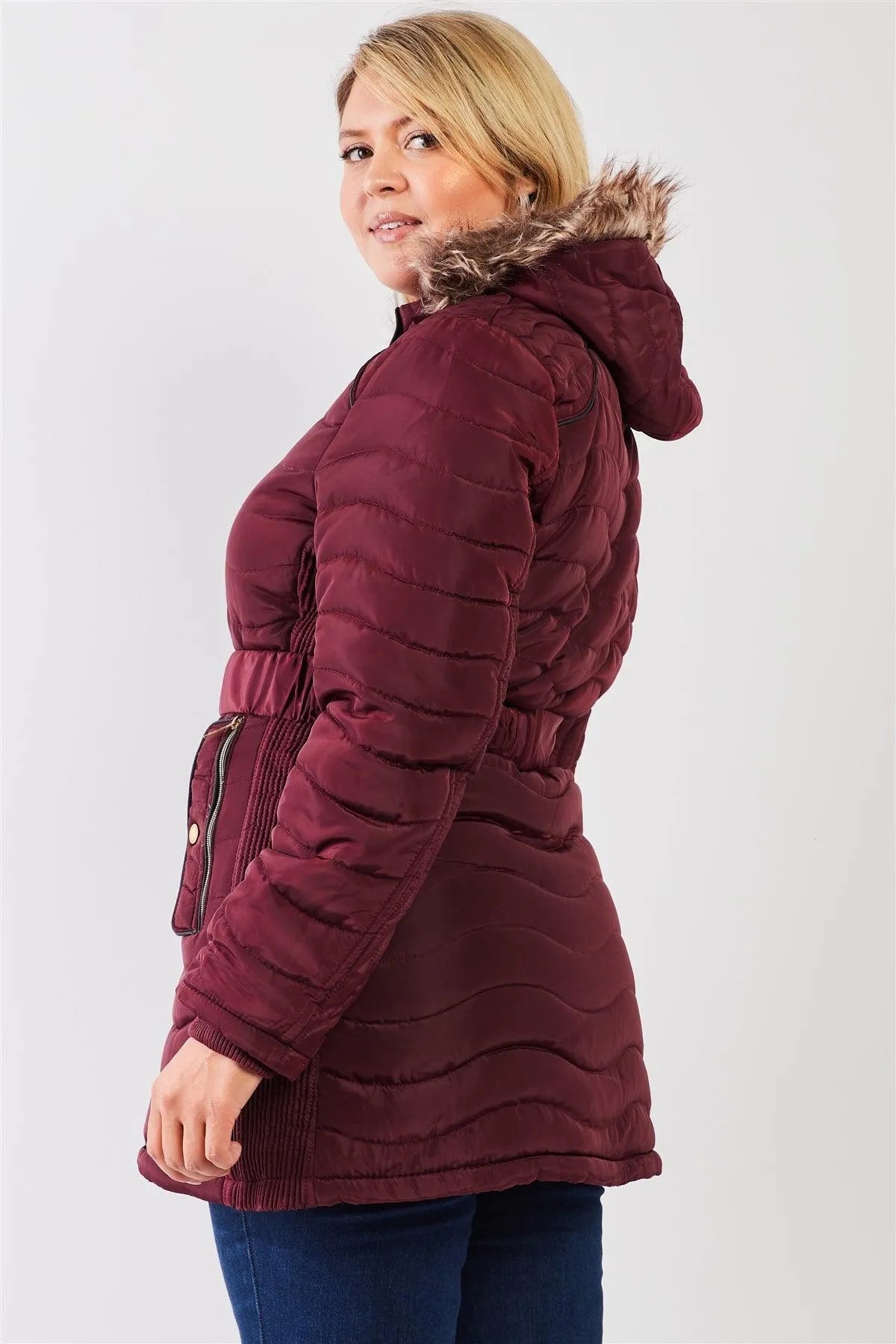 Junior Plus Wine-Burgundy Wavy Quilt Padded Faux Fur Detachable