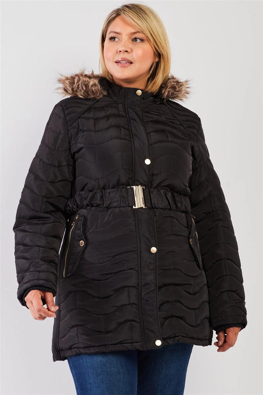 Junior Plus Black Wavy Brick Quilt Faux Fur Hood Belted Padded Long Puffer Jacket /1-1-1-1 - Tasha Apparel Wholesale