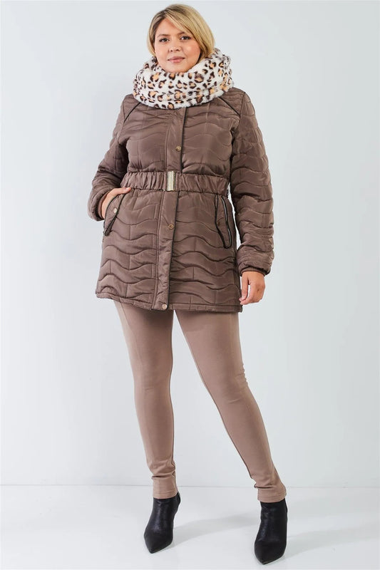 Junior Plus Brown Wavy Brick Quilt Faux Fur Hood Belted Padded Long Puffer Jacket /1-1-1-1 - Tasha Apparel Wholesale
