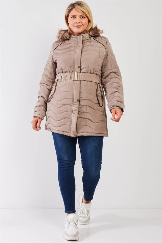 Junior Plus Grey-Beige Wavy Brick Quilt Faux Fur Hood Belted Padded Long Puffer Jacket /1-1-1-1 - Tasha Apparel Wholesale