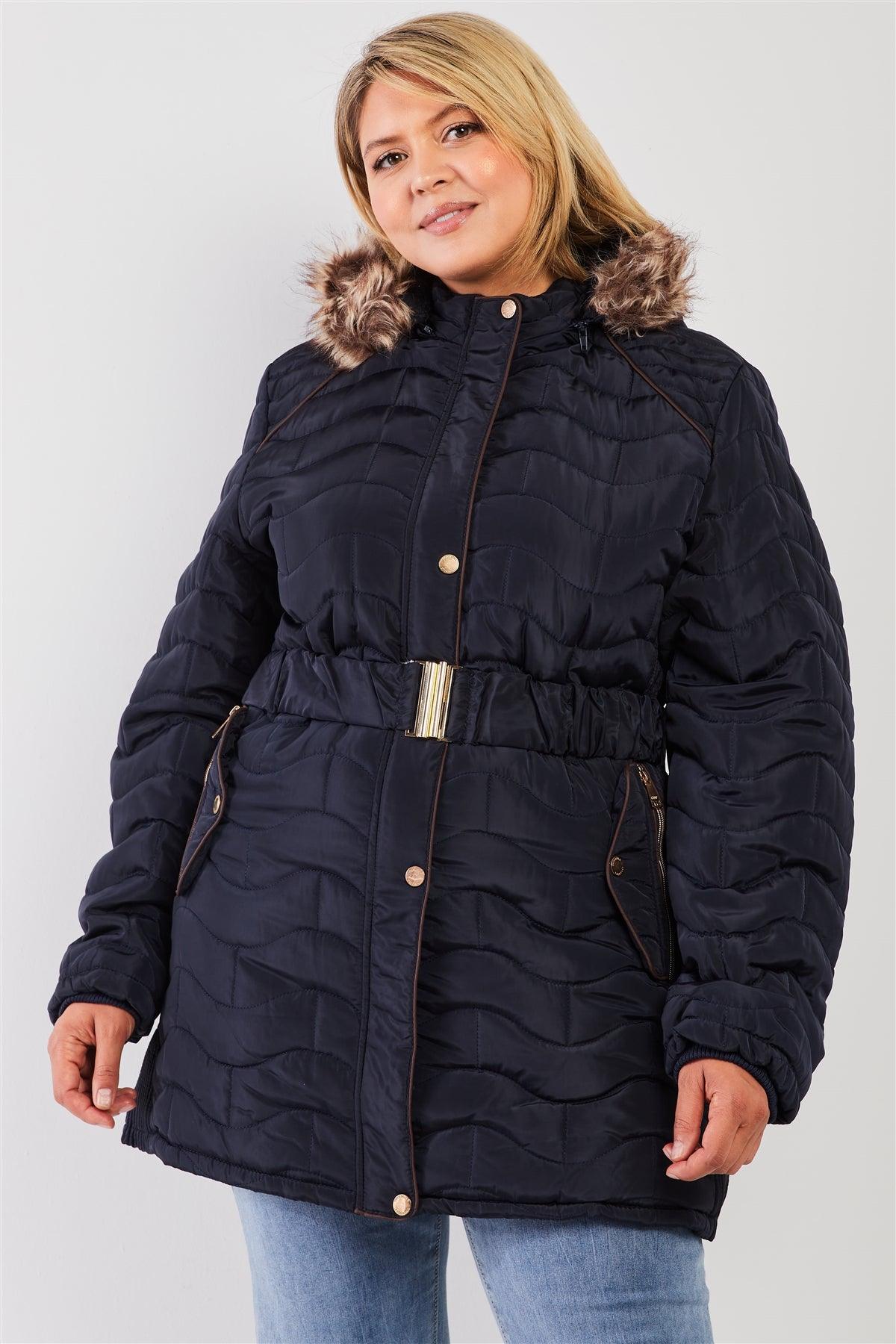 Junior Plus Navy Wavy Brick Quilt Faux Fur Hood Belted Padded Long Puffer Jacket /1-1-1-1