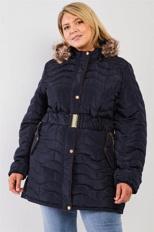 Junior Plus Navy Wavy Brick Quilt Faux Fur Hood Belted Padded Long Puffer Jacket /1-1-1-1 - Tasha Apparel Wholesale