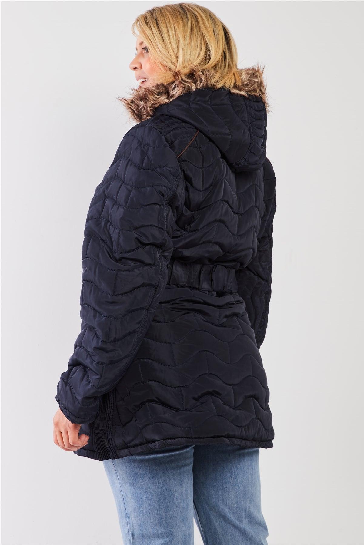 Junior Plus Navy Wavy Brick Quilt Faux Fur Hood Belted Padded Long Puffer Jacket /1-1-1-1