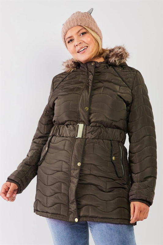Junior Plus Olive Wavy Brick Quilt Faux Fur Hood Belted Padded Long Puffer Jacket /1-1-1-1 - Tasha Apparel Wholesale