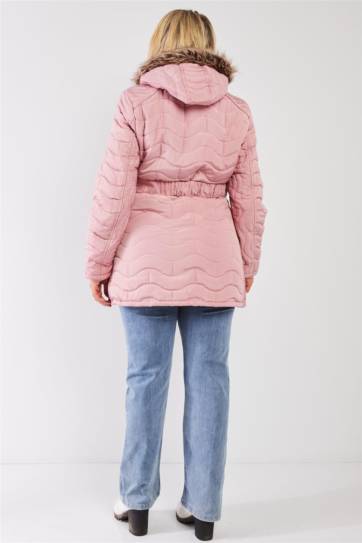 Junior Plus Pink Wavy Brick Quilt Faux Fur Hood Belted Padded Long Puffer Jacket /1-1-1-1