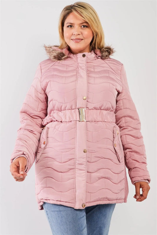 Junior Plus Pink Wavy Brick Quilt Faux Fur Hood Belted Padded Long Puffer Jacket - Tasha Apparel Wholesale