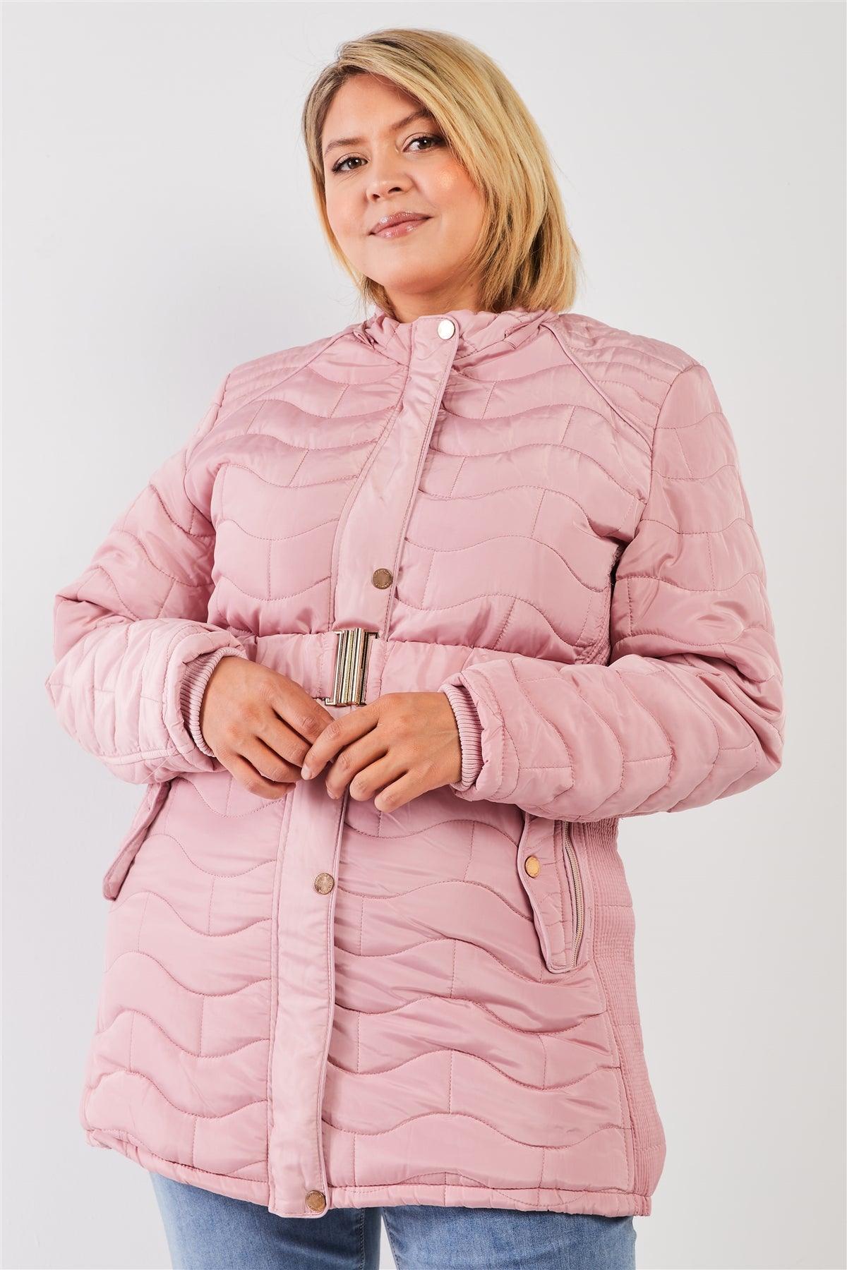 Junior Plus Pink Wavy Brick Quilt Faux Fur Hood Belted Padded Long Puffer Jacket