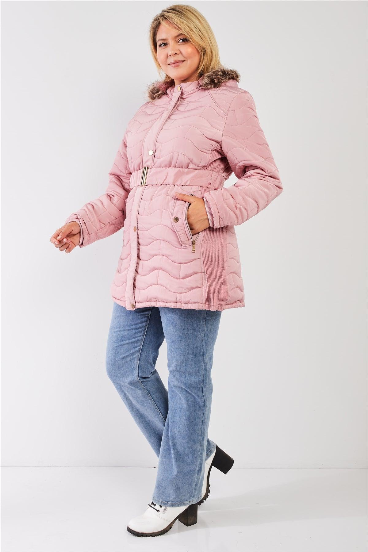 Junior Plus Pink Wavy Brick Quilt Faux Fur Hood Belted Padded Long Puffer Jacket