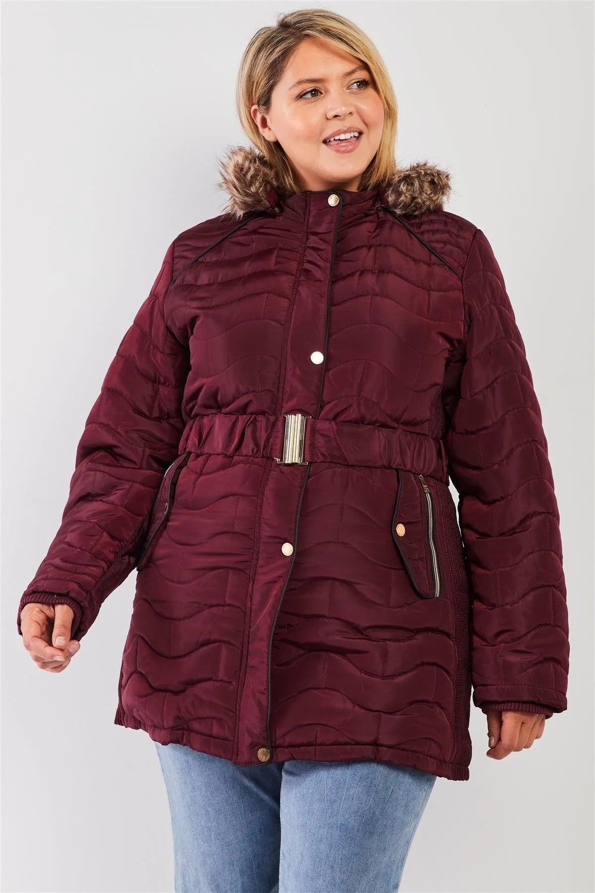 Junior Plus Wine Wavy Brick Quilt Faux Fur Hood Belted Padded Long Puffer Jacket /1-1-1-1 - Tasha Apparel Wholesale