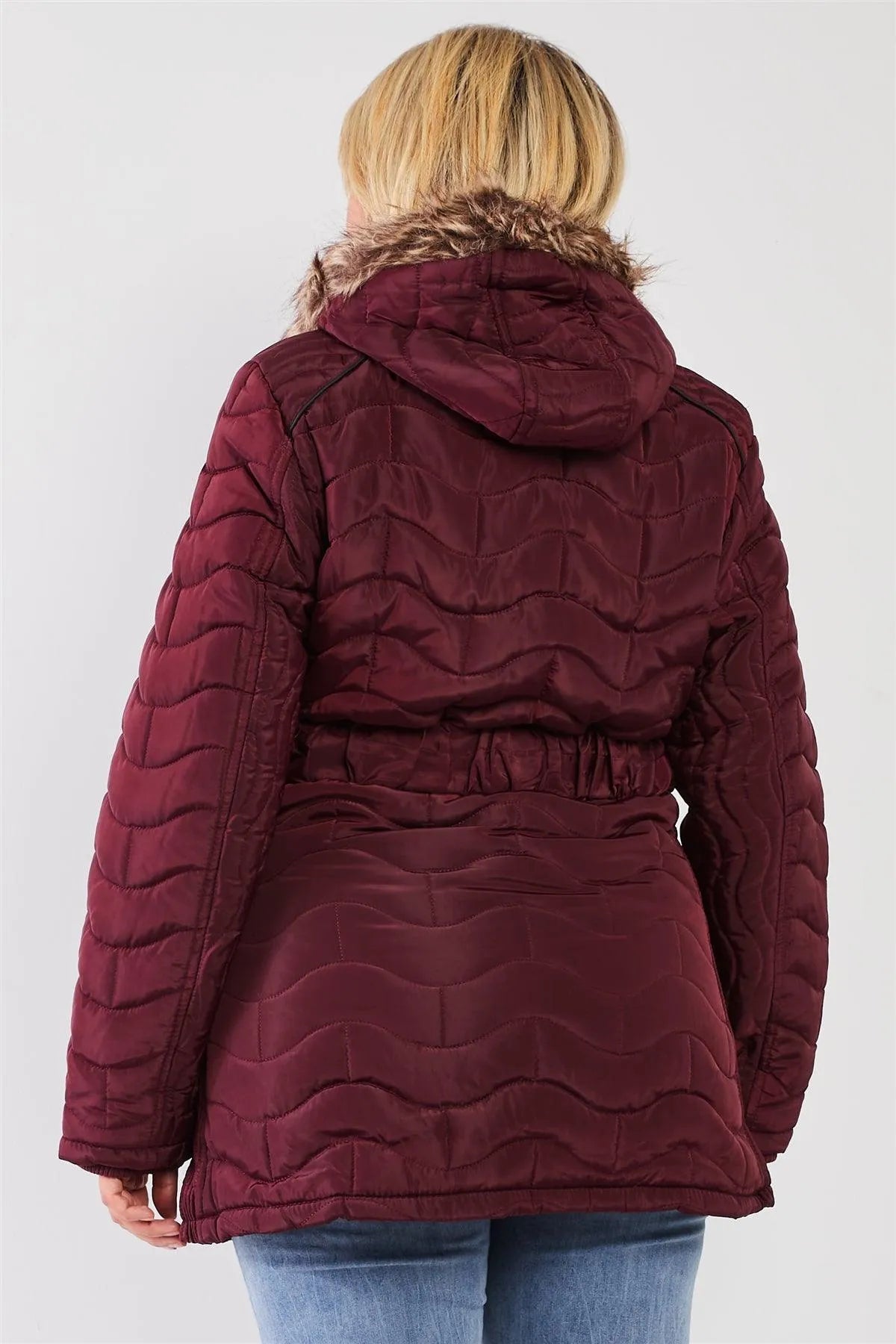 Junior Plus Wine Wavy Brick Quilt Faux Fur Hood Belted Padded Long Puffer Jacket /1-1-1-1 - Tasha Apparel Wholesale