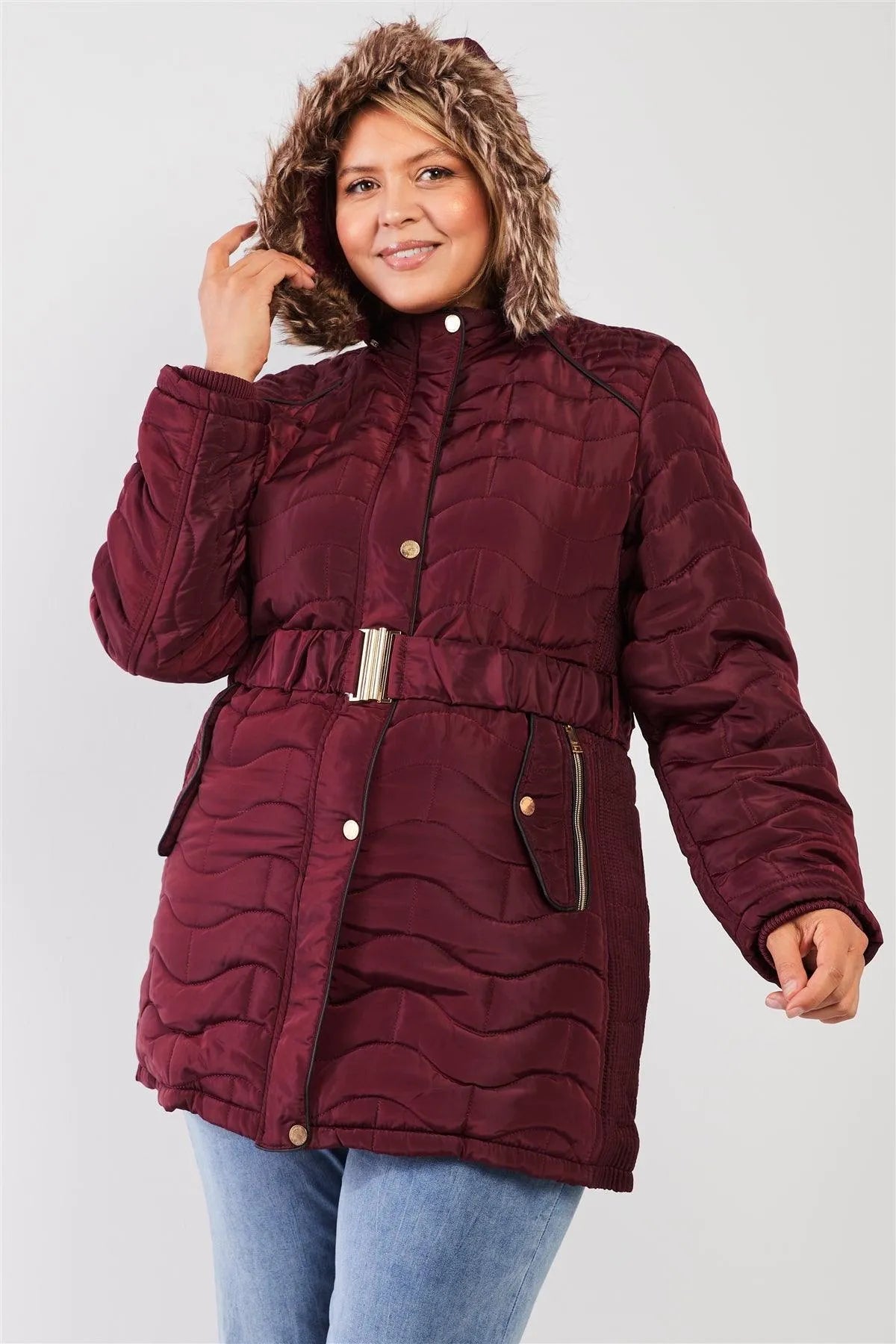 Junior Plus Wine Wavy Brick Quilt Faux Fur Hood Belted Padded Long Puffer Jacket /1-1-1-1 - Tasha Apparel Wholesale