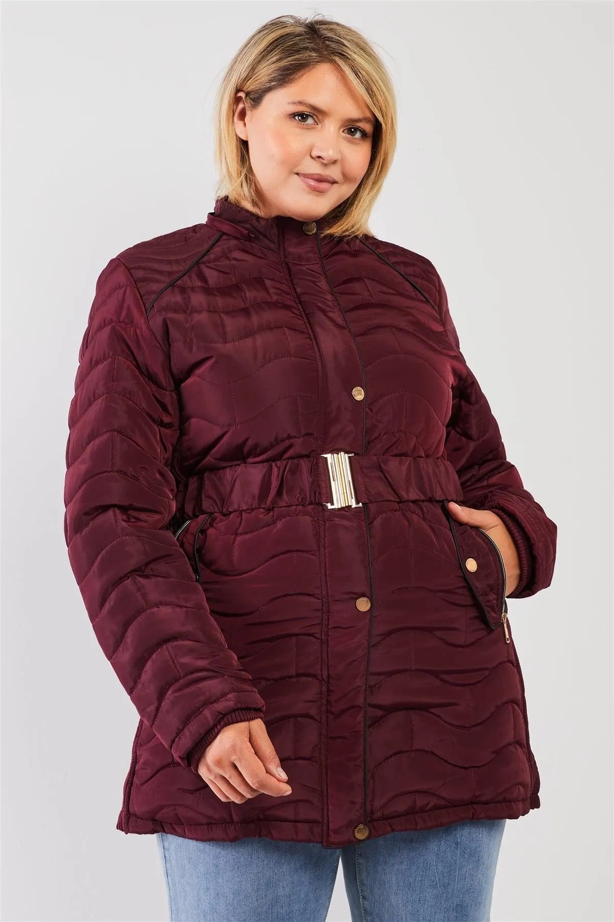 Junior Plus Wine Wavy Brick Quilt Faux Fur Hood Belted Padded Long Puffer Jacket /1-1-1-1 - Tasha Apparel Wholesale