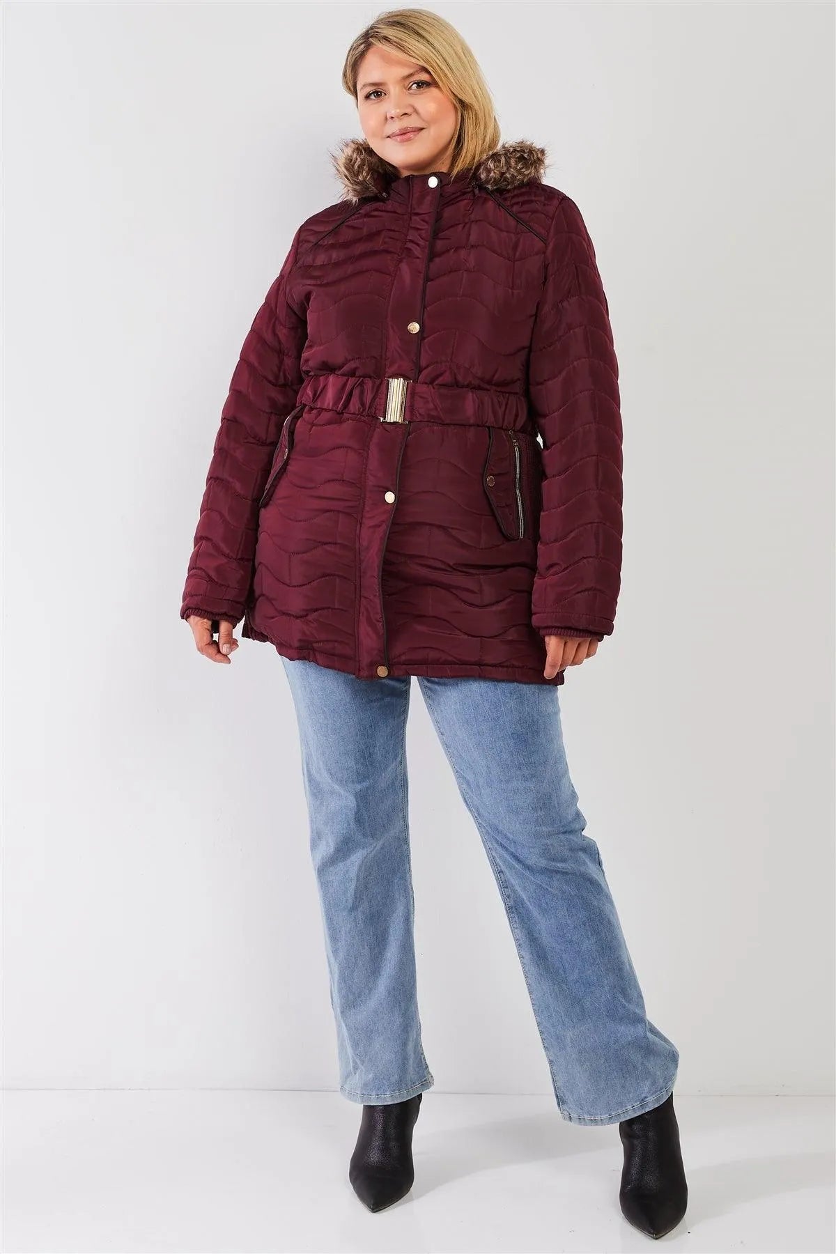 Junior Plus Wine Wavy Brick Quilt Faux Fur Hood Belted Padded Long Puffer Jacket /1-1-1-1 - Tasha Apparel Wholesale