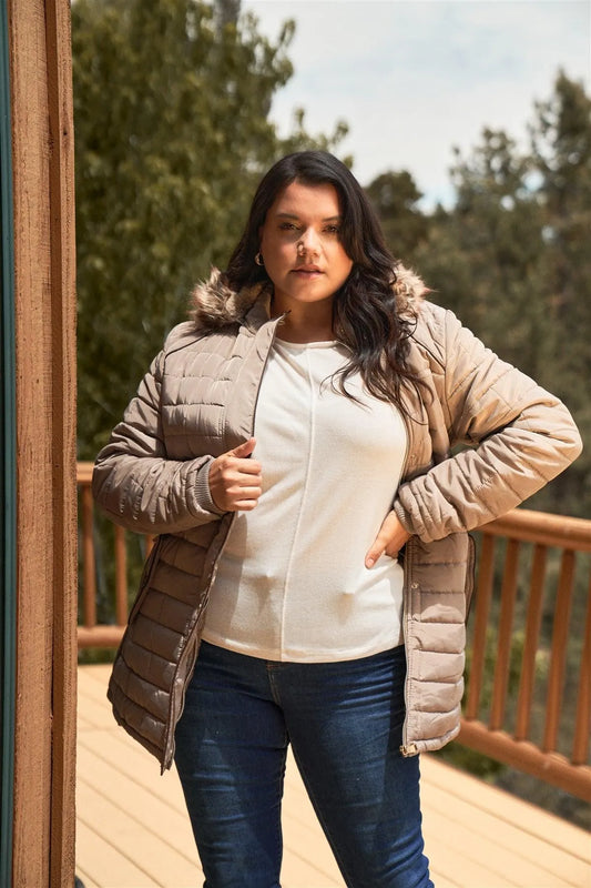 Junior Plus Beige Grey Diamond Back Quilt Straight Brick Quilt Faux Fur Hood Belted Padded Long Puffer Jacket /1-2-1-1 - Tasha Apparel Wholesale