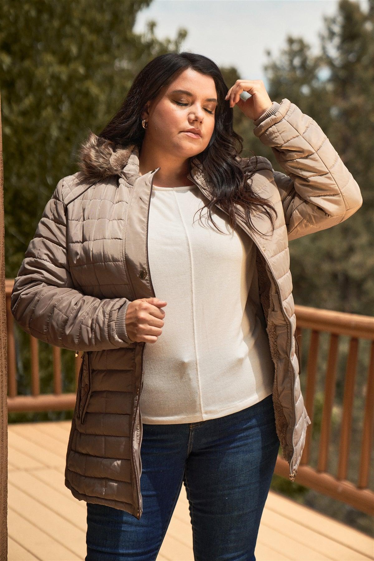 Junior Plus Beige Grey Diamond Back Quilt Straight Brick Quilt  Faux Fur Hood Belted Padded Long Puffer Jacket