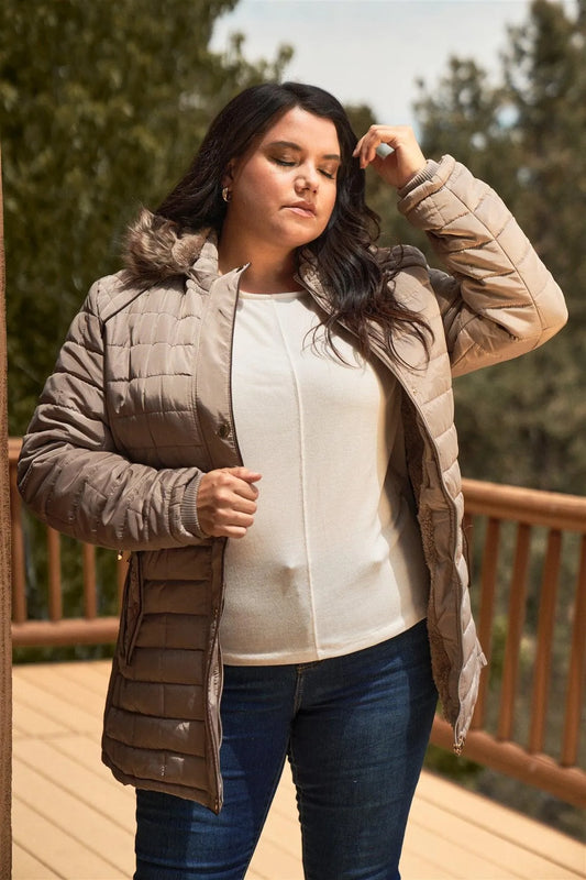 Junior Plus Beige Grey Diamond Back Quilt Straight Brick Quilt Faux Fur Hood Belted Padded Long Puffer Jacket - Tasha Apparel Wholesale