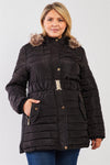 Junior Plus Black Diamond Quilt Faux Fur Hood Belted Padded Long Puffer Jacket