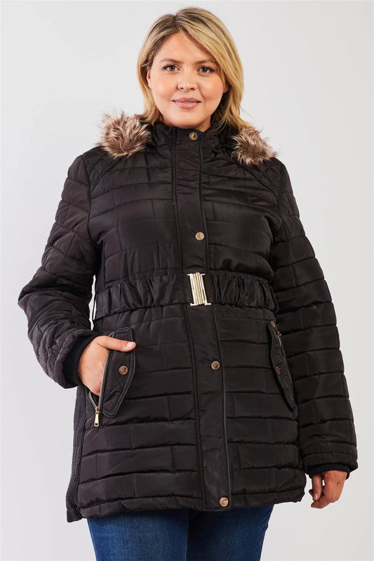 Junior Plus Black Diamond Quilt Faux Fur Hood Belted Padded Long Puffer Jacket /2-1-1 - Tasha Apparel Wholesale