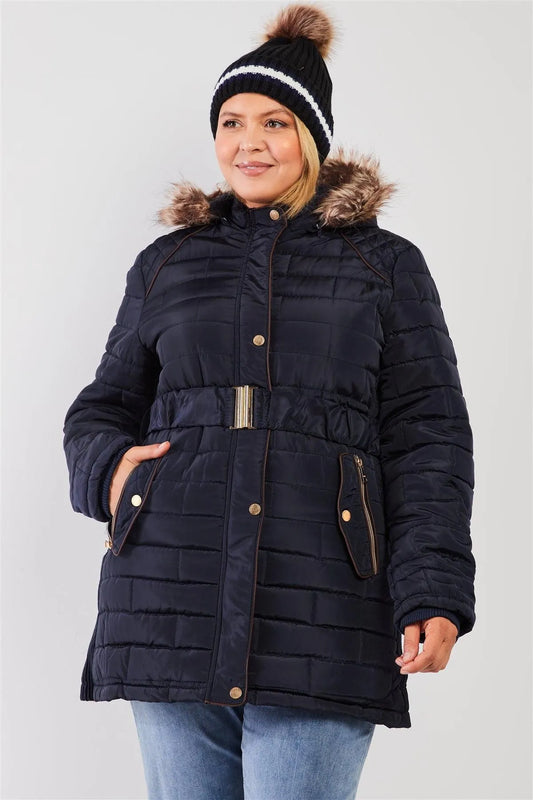 Junior Plus Navy Diamond Quilt Faux Fur Hood Belted Padded Long Puffer Jacket /1-1-1-1 - Tasha Apparel Wholesale