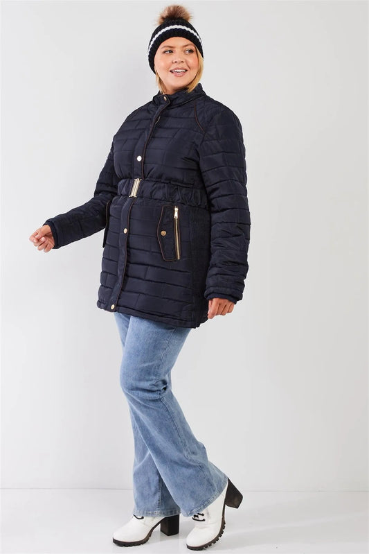Junior Plus Navy Diamond Quilt Faux Fur Hood Belted Padded Long Puffer Jacket /3-2-1 - Tasha Apparel Wholesale