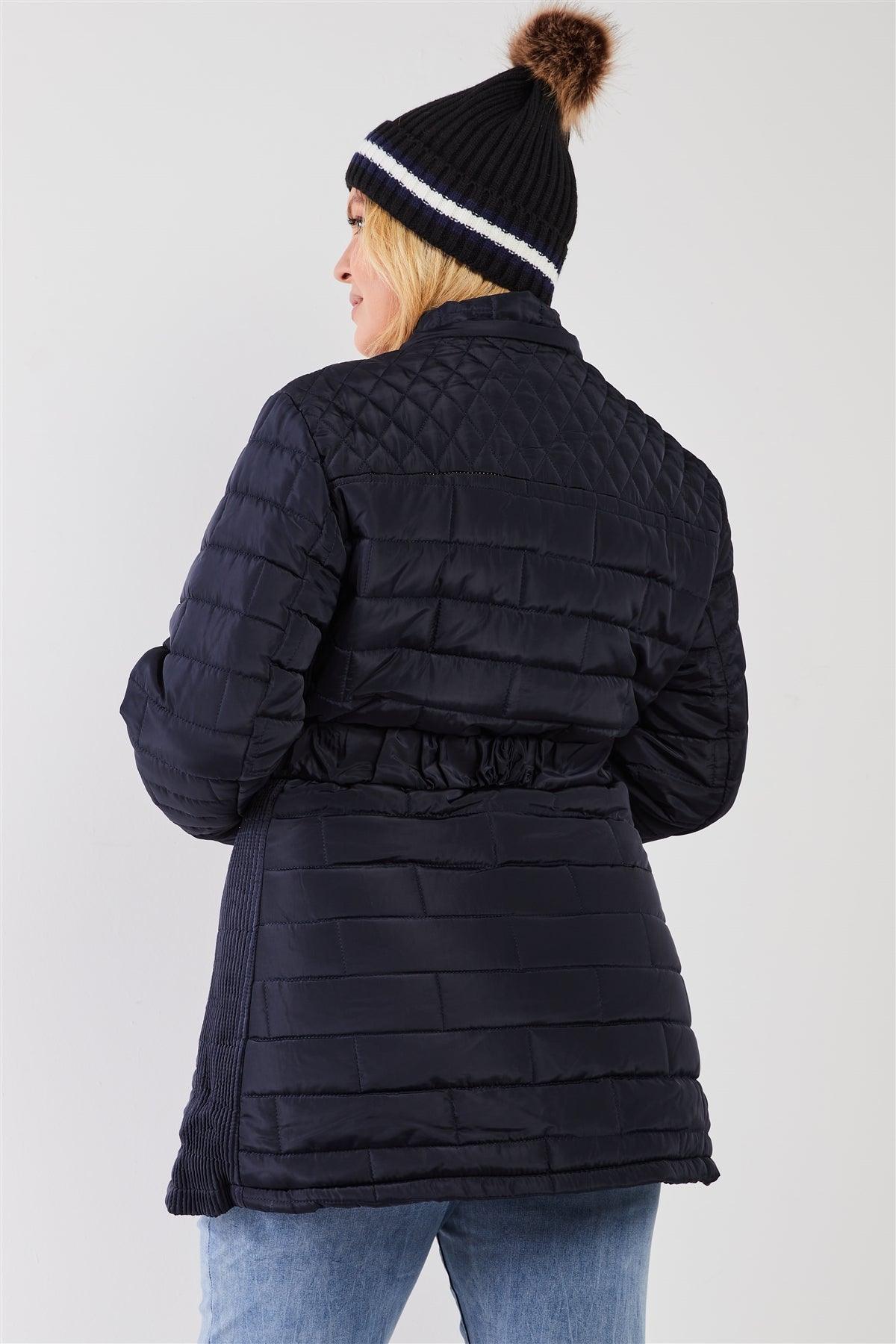 Junior Plus Navy Diamond Quilt Faux Fur Hood Belted Padded Long Puffer Jacket /3-2-1