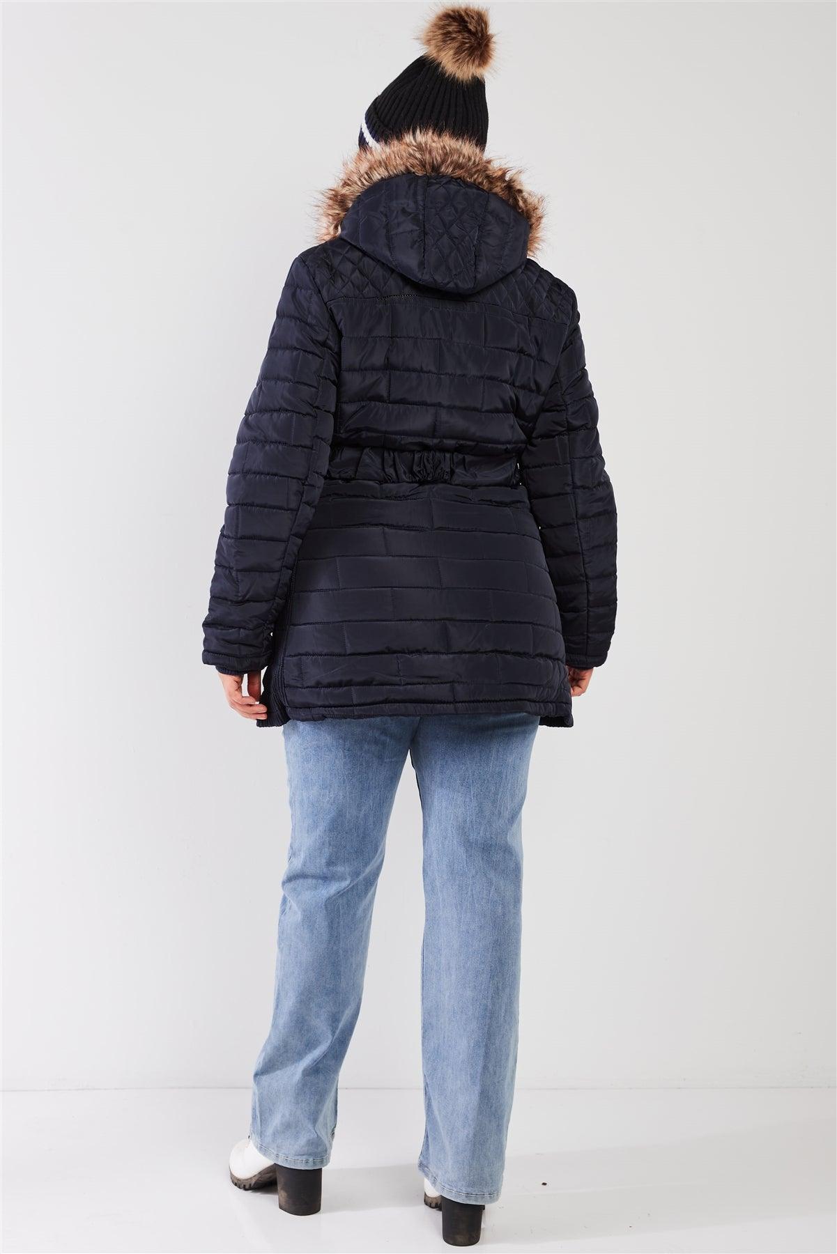 Junior Plus Navy Diamond Quilt Faux Fur Hood Belted Padded Long Puffer Jacket /3-2-1