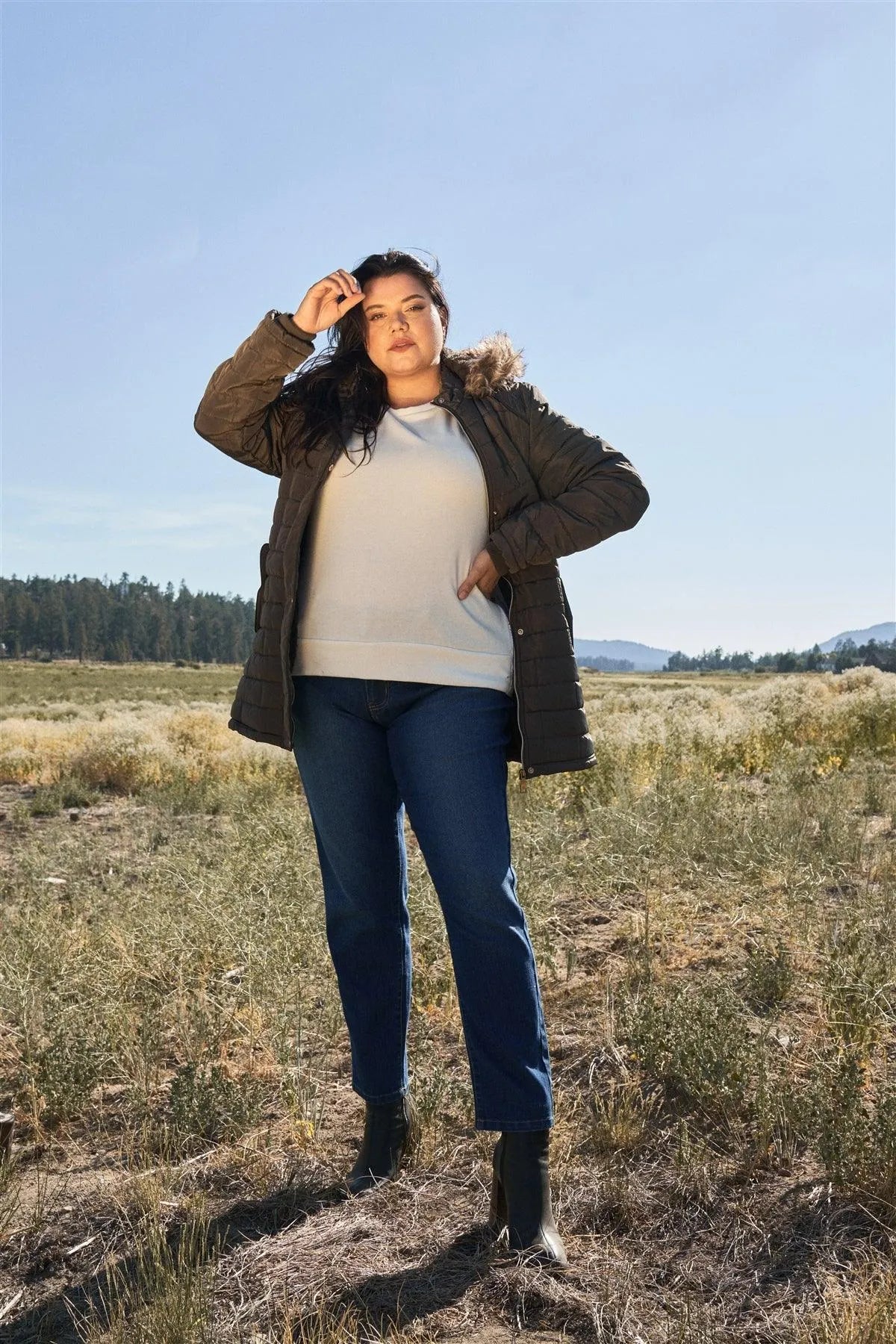 Junior Plus Olive Grey Diamond Quilt Faux Fur Hood Belted Padded Long Puffer Jacket /1-1-1-1 - Tasha Apparel Wholesale