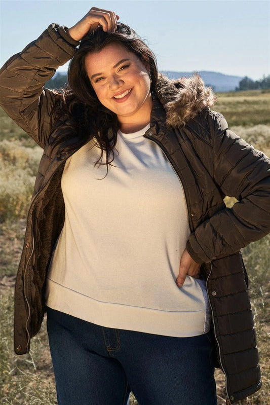 Junior Plus Olive Grey Diamond Quilt Faux Fur Hood Belted Padded Long Puffer Jacket /2-2 - Tasha Apparel Wholesale