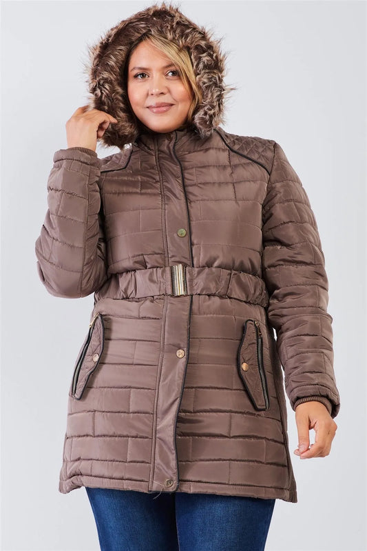 Junior Plus Taupe Brown Diamond Quilt Faux Fur Hood Belted Padded Long Puffer Jacket - Tasha Apparel Wholesale