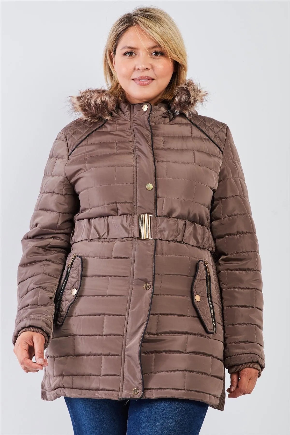 Junior Plus Taupe Brown Diamond Quilt Faux Fur Hood Belted Padded Long Puffer Jacket /2-2 - Tasha Apparel Wholesale