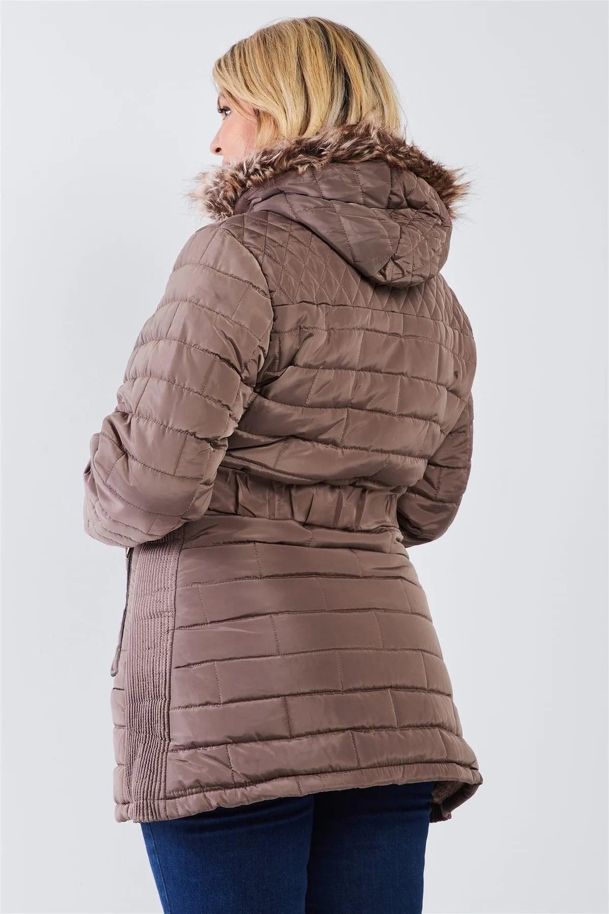 Junior Plus Taupe Brown Diamond Quilt Faux Fur Hood Belted Padded Long Puffer Jacket /2-2 - Tasha Apparel Wholesale