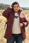 Junior Plus Wine Diamond Quilt Faux Fur Hood Belted Padded Long Puffer Jacket /2-2 - Tasha Apparel Wholesale