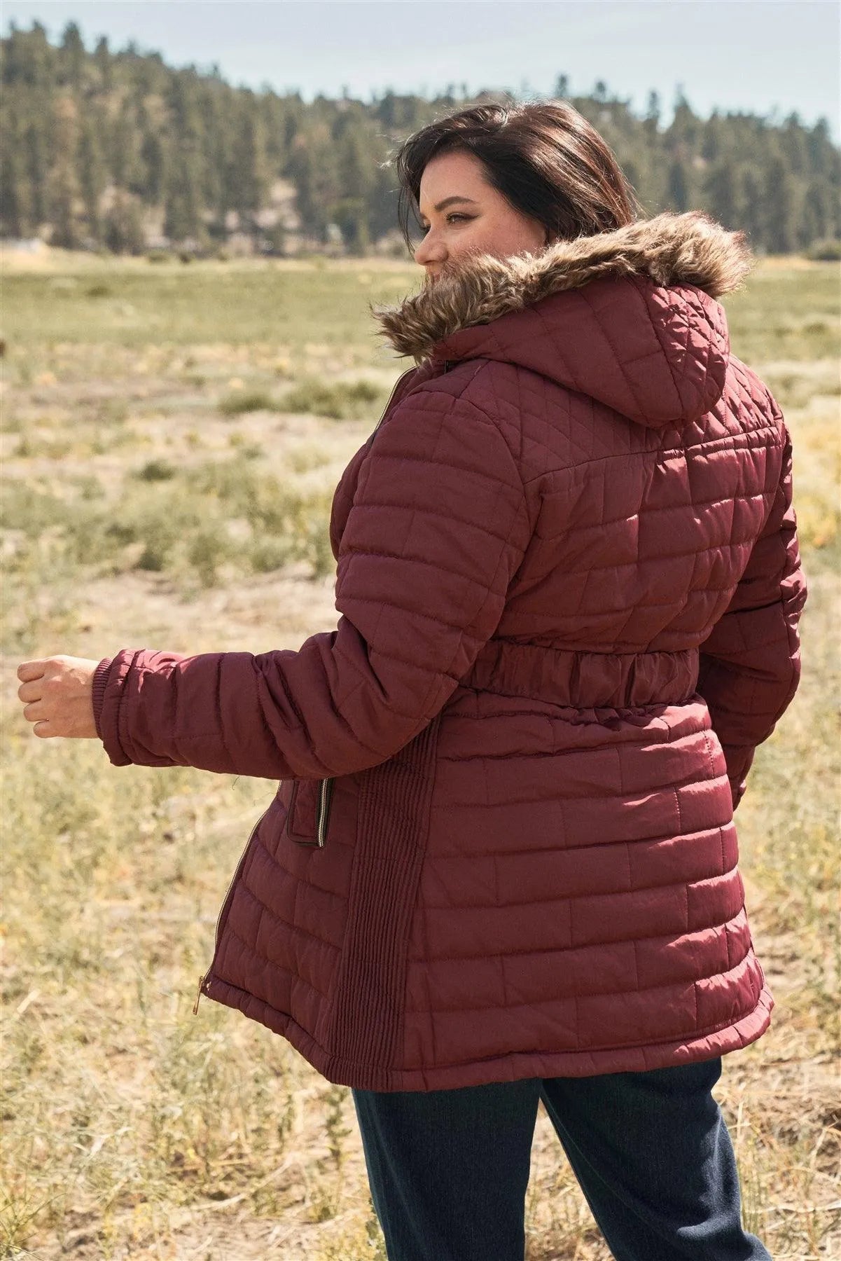 Junior Plus Wine Diamond Quilt Faux Fur Hood Belted Padded Long Puffer Jacket /2-2 - Tasha Apparel Wholesale