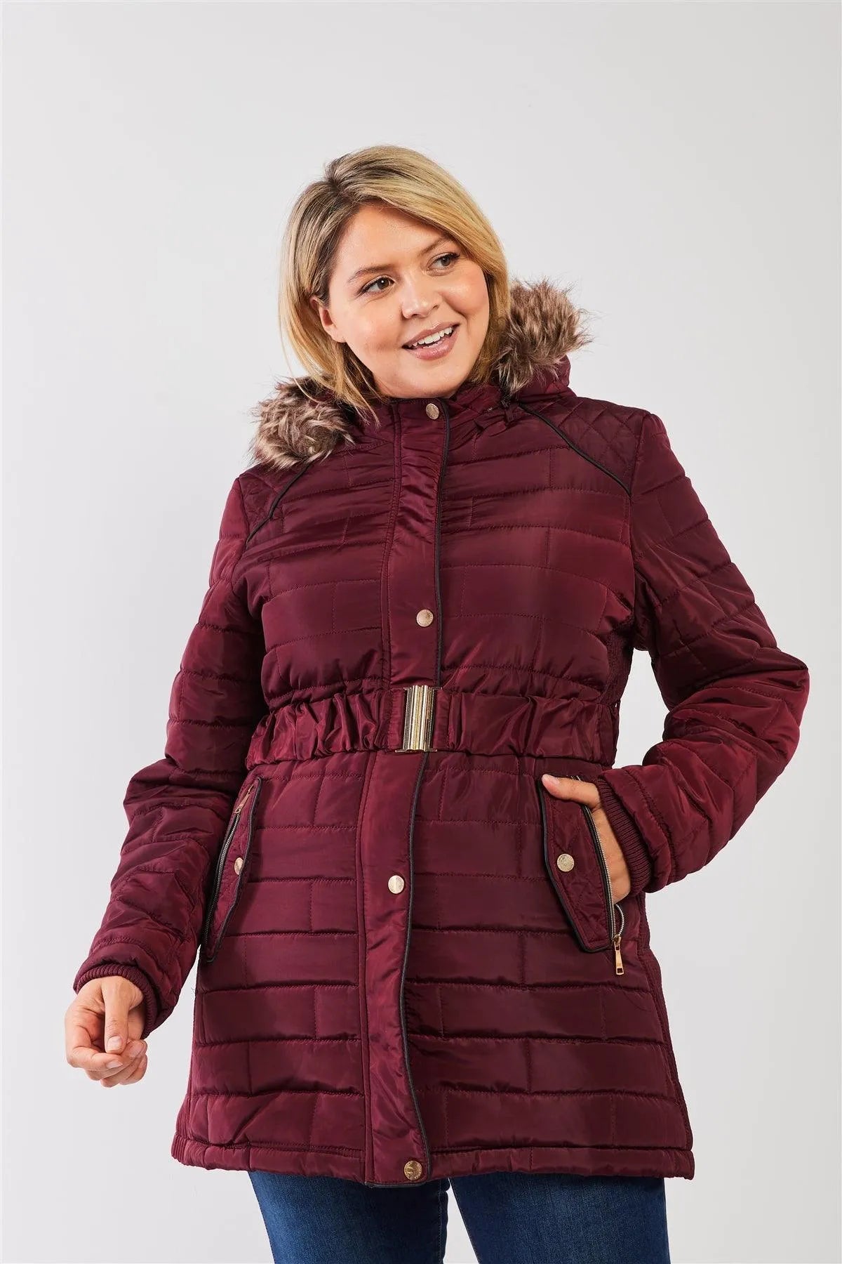 Junior Plus Wine Diamond Quilt Faux Fur Hood Belted Padded Long Puffer Jacket /2-2 - Tasha Apparel Wholesale